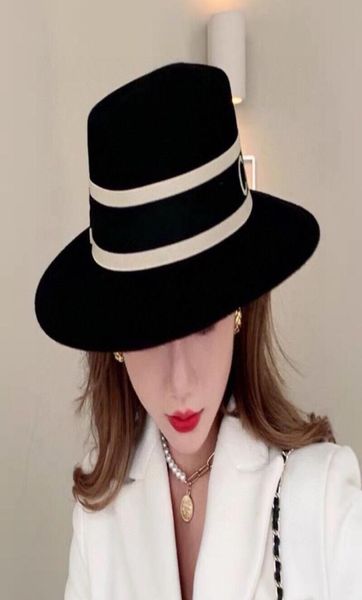 

classic wide flat brim floppy panama hat wool felt black fedora hats for women men winter cap black white band1400117, Blue;gray