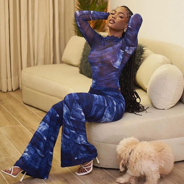 

new arrival women's two piece sets pants see-throughlook fashion printed long-sleeved bell bottoms ladies summer suits, White