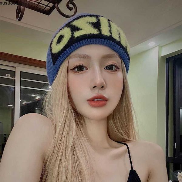 

beanie/skull caps winter fashion personality letter wool cap knitted elastic caps men and women ear protection hats warm casual skull beanie, Blue;gray