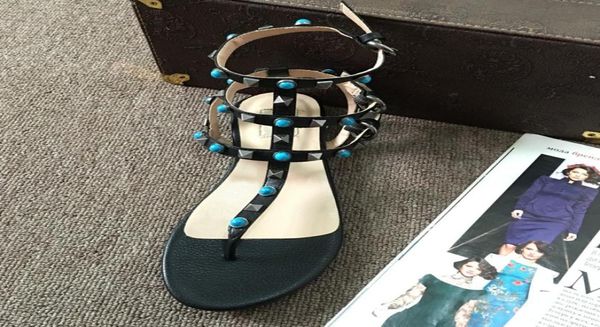 

u592 344041 genuine leather gem t strap flat sandals black beige white gladiator casual rivets7966598