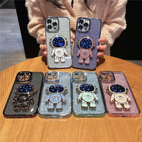 

for iphone 14 pro max luxury square plating flash glitter star astronaut holder phone case on 11 12 13 mini xr xs 7 8 plus cover