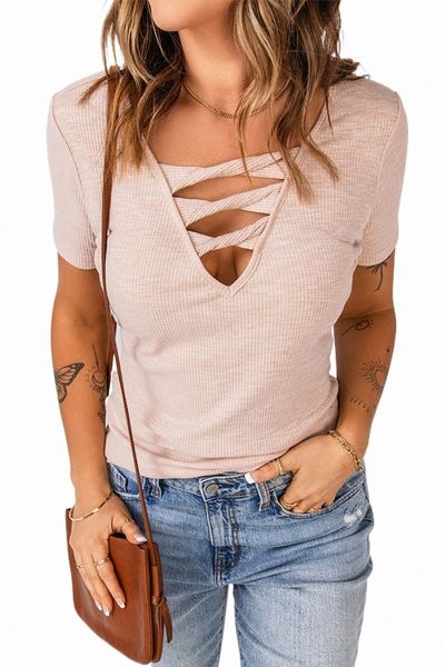 

apricot strappy hollow-out neck rib knit t shirt l9z4#, White