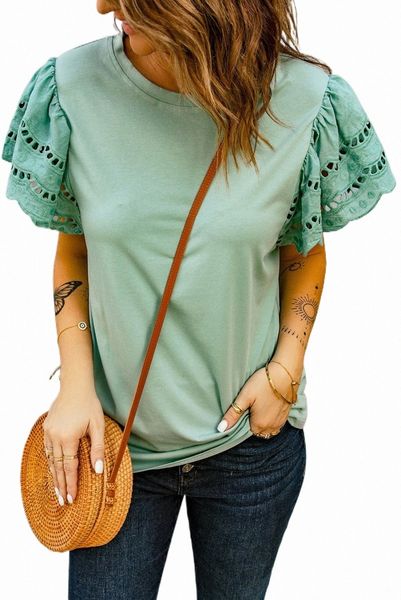 

green hollow out ruffle sleeve t-shirt 2023 new 42cg#, White