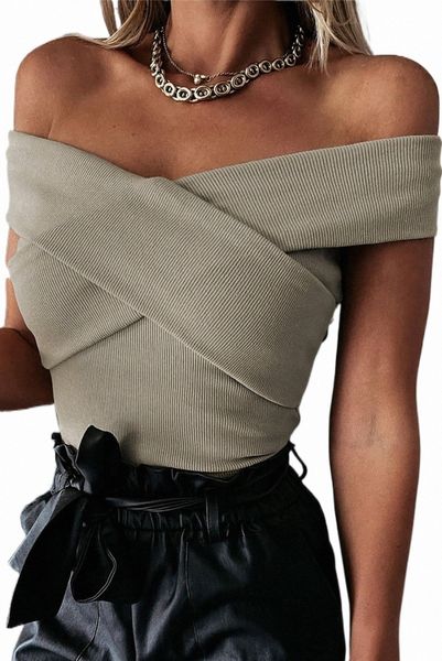 

ribbed criss cross off shoulder 2023 new c7cw#, White