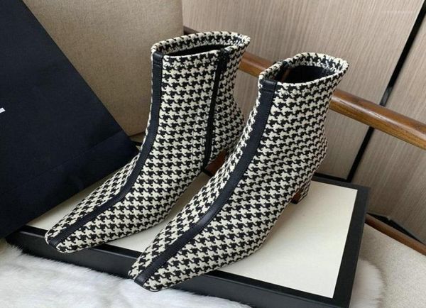 

boots mature houndstooth plaid pointed toe ladies office dress pumps zipper high heels ankle modern small size 33 winter5664464, Black