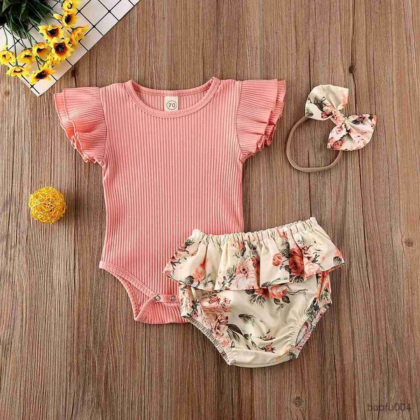 

clothing sets 0-24m summer baby girls clothes sets ruffles sleeve solid romperandfloral shortsandheadband 3pcs clothing outfits r230518, White