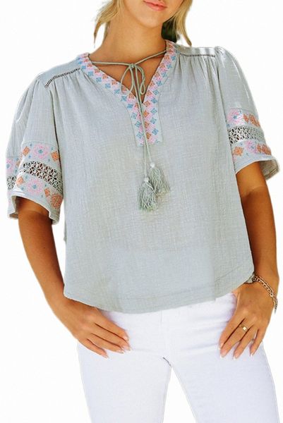 

gray tassel drawstring embroidered half sleeve v neck b9ut#, White