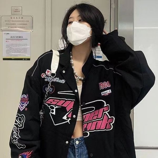 

women's jackets y2k racing style jacket men and women printed coat vintage casual colorblock long sleeve varsity clouths spring autumn, Black;brown