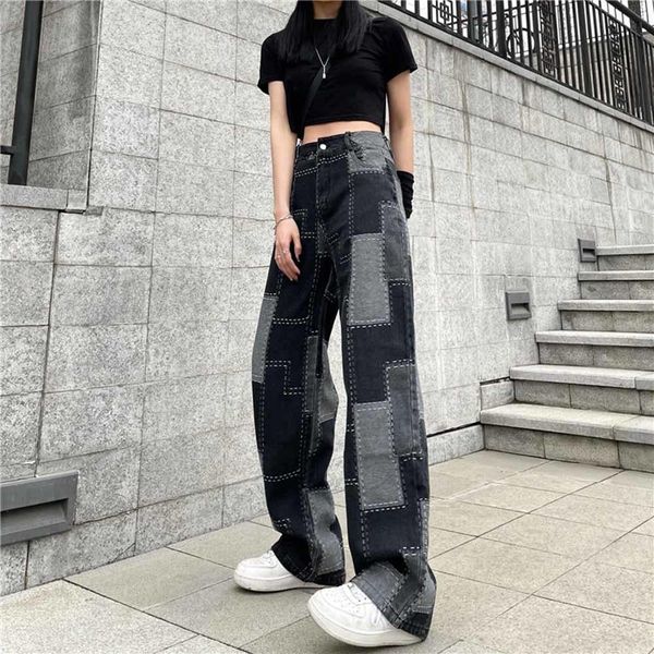 

jeans streetwear patchwork boyfriend jeans for women wide leg ladies jeans 2022 summer korean 5xl women jeans pants, Blue
