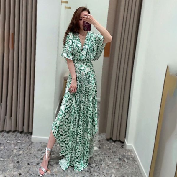 

casual dresses -aje high waist floral dress v-neck contrasting slit midi dress for women, Black;gray