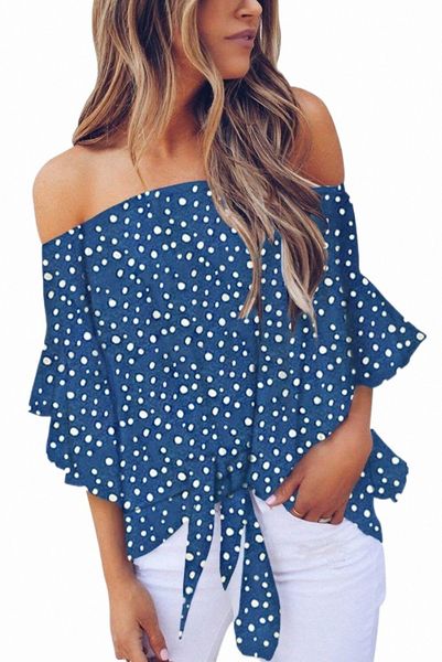 

sky blue polka dot 3/4 bell sleeve off shoulder front tie knot c5om#, White