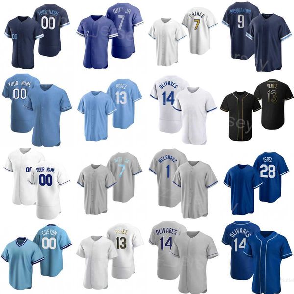 

baseball 1 mj melendez jerseys 28 kyle isbel 14 edward olivares 7 bobby witt jr 13 salvador perez 9 vinnie pasquantino space city pullover s, Blue;black