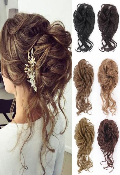 

curly scrunchie chignon with rubber band synthetic hair ring wrap around on hair tail messy bun ponytails extension5850379, Black;brown