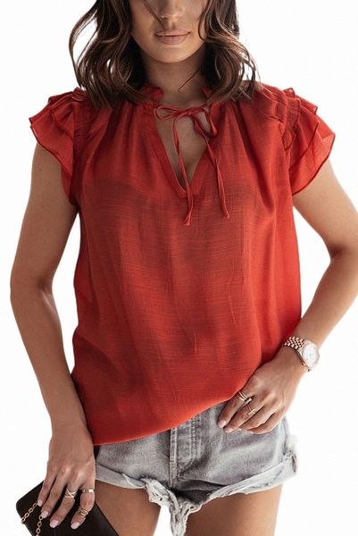 

tiered ruffled drawstring v neck 2023 new t9ve#, White