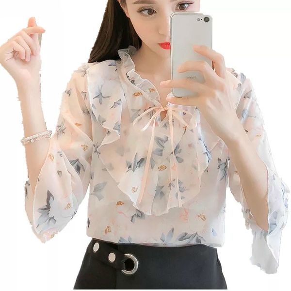

women's blouses shirts chiffon korean blouse summer bow tie stand collar floral printed shirt casual pink black lady blusas femininas 2, White