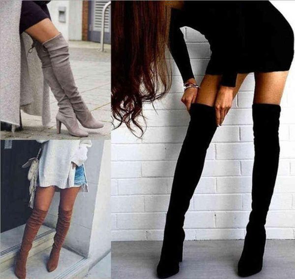 

women boots 2022 party fashion suede leather shoe over the knee heels stretch flock winter high botas feminino 07191340283, Black