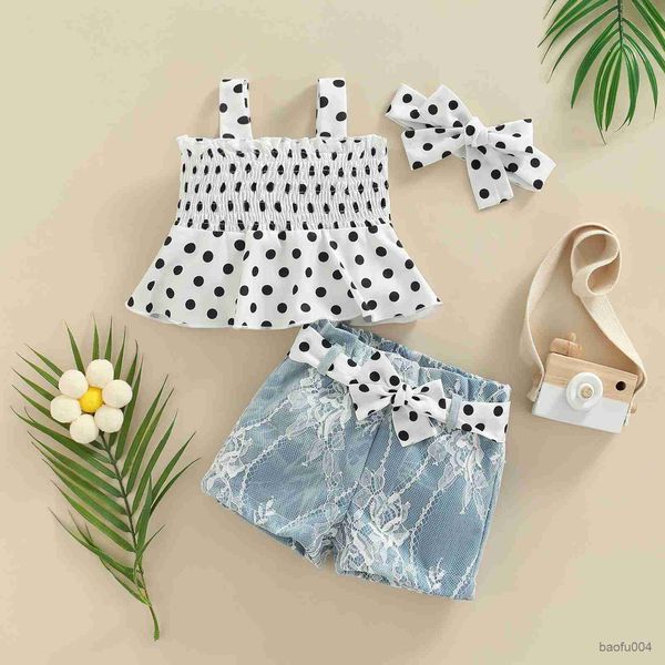 

clothing sets baby summer clothing infant baby girl clothes dots sleeveless lace denim shorts headdress outfits 0-18m r230518, White