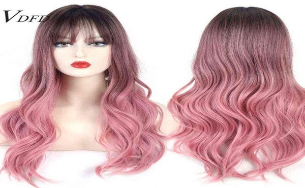 

hair vdfd pink with bangs cosplay heat friendly synthetic natural ombre rose gold long wavy fake for women daily 2203012345314, Black;brown