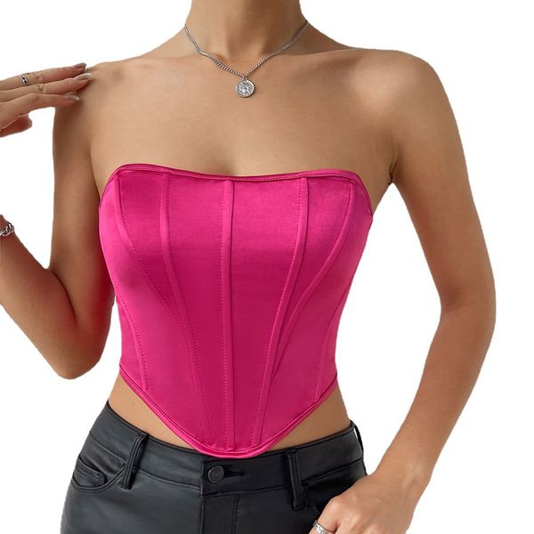 

women's tanks satin corset stretchy solid strapless brightening face wipe chest rhomboid navel backless european and american fish bone, White