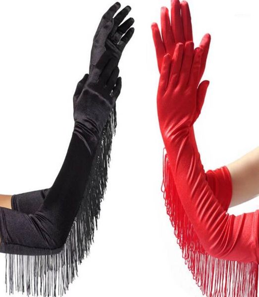 

dance performance mittens fashion tassels long satin gloves women opera evening party costume 3 colors black white red3900940, Blue;gray