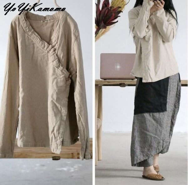 

women's blouses shirts yoyikamomo fashion cotton linen shirt chinese buckle irregular ladies solid color blouse 230517, White