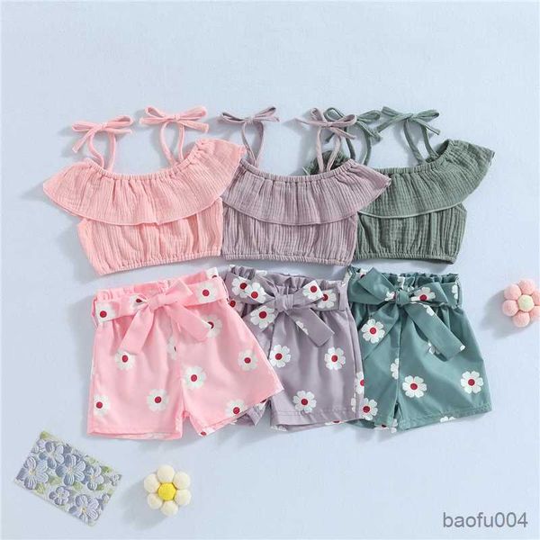 

clothing sets summer children outfit kid girl bandage strap cold shoulder and elastic casual floral print shorts toddler clothing set r2305, White