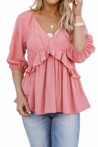 

pink ruffled half sleeve v neck babydoll d2sr#, White