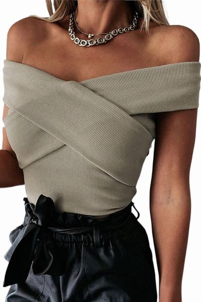 

ribbed criss cross off shoulder 2023 new l7mb#, White