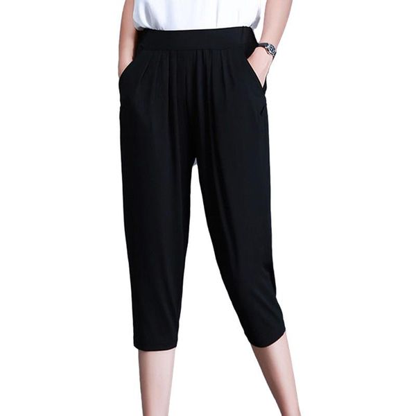 

capris plus size 5xl 6xl 7xl 8xl calf length pants summer breeches women soft silk stretch elastic waist harem trousers capri female, Black;white