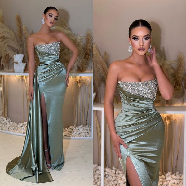 

elegant green prom dresses strapless party evening dress pleats thigh slit formal long special occasion dress, Black