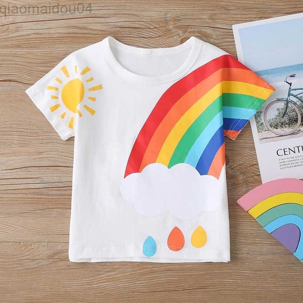 

t-shirts summer cotton toddler t-shirt kids baby girl boy short sleeve casual sun rainbow clouds t-shirts active baby clothes 2-6y aa230518, Blue