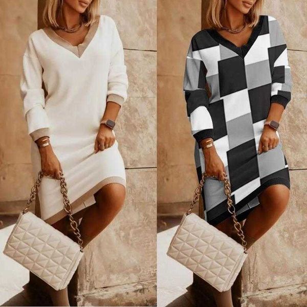 

womens autumn and winter long sleeved v neck commuter high waist dress, Black;gray