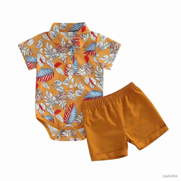 

clothing sets 0-24m infant baby boys casual suit short sleeve leaves printed andsolid color short pants r230518, White