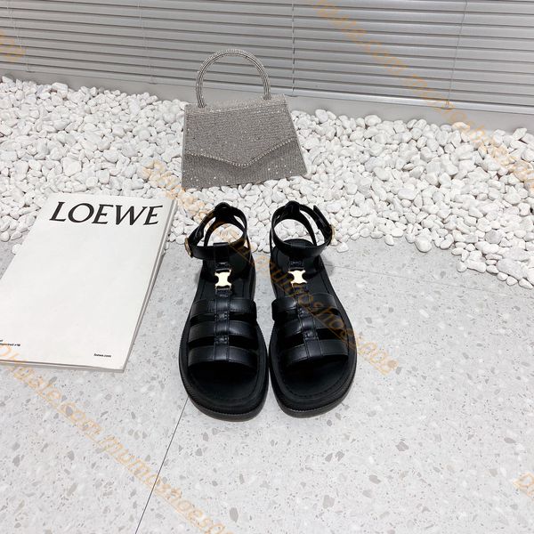 

wholesale women fashion sandals designer slides triomphe gladiator sandals luxury cowhide leather adjustable buckle strap slides slippers fa, Black