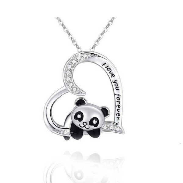 

jewelry pendant necklace new heart-shaped diamond alloy oil painting national treasure panda jewelry, Black