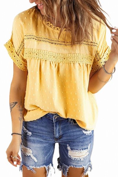 

yellow swiss dot lace splicing short sleeve 48po#, White