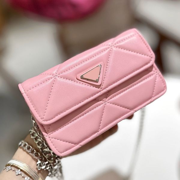 

women designer mini phone holder bag wallet on chain enameled metal triangle lambskin leather silver chain crossbody shoulder handbag vintag