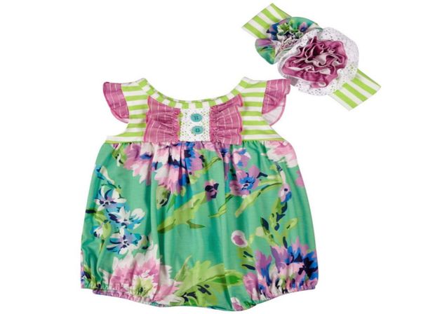 

new arrival baby girls romper toddler green flower printed ruffle onesies with headband newborn girls jumpsuit baby clothes8732657, Blue