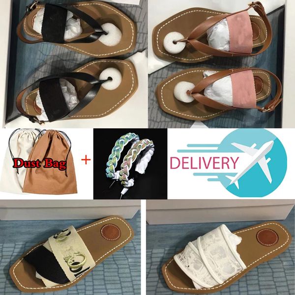 

popular flip-flops slipper womens woody mules flats home lady bandana designer slides with box wood pink white canvas square toe lace embroi, Black