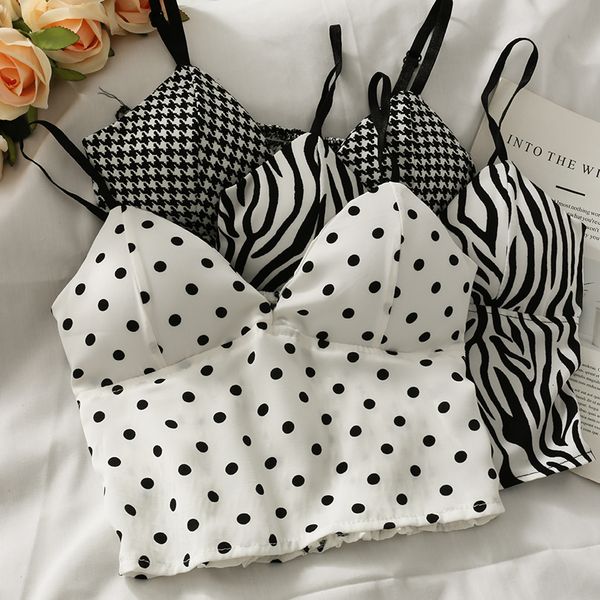 

camisoles tanks korean wavelet dots crop spaghetti strap tanke women built in bra off shoulder sleeveless camisole ins 230518, Black;white