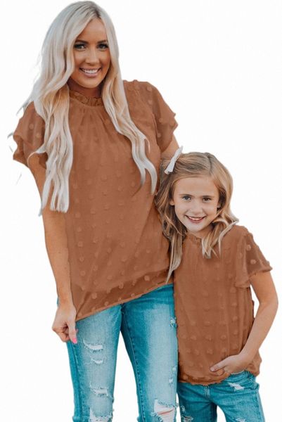 

brown ruffled sleeve swiss dot t-shirts 2023 new u8sd#, White