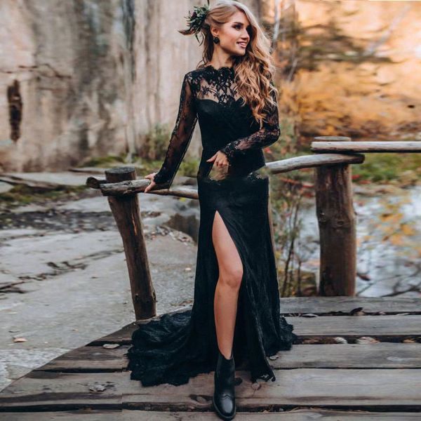 

new style black prom dresses lace long sleeves backless vestidos de fiesta vestidos de mujer elegantes para fiesta