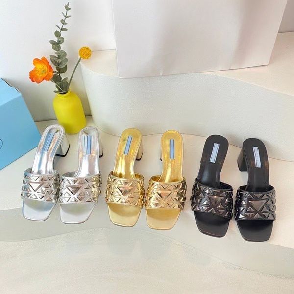 

2023 sandals metal series coarse heel slippers can be paired with dress casual holiday women sandals, Black