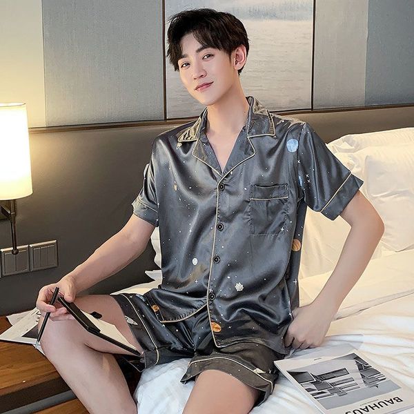 

men's sleepwear men summer pajama sets man large bust silk pajamas shorts pants satin sleep wear pijamas pyjama mujer pajama shorts -5, Black;brown