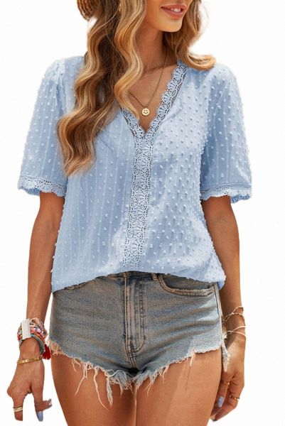 

sky blue lace splicing v-neck swiss dot short sleeve c4zt#, White