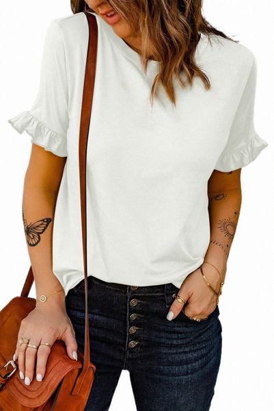 

white solid ruffled short sleeve t-shirt 2023 new r95n#