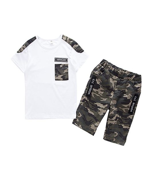 

summer children boy clothes sets kids 2pcs short sleeves tshirt suits camouflage shorts child clothing suits for 12 14 16 years y6157656, White