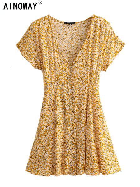

basic casual dresses vintage chic women yellow floral print deep v-neck single breasted bohemian mini dresses ladies short sleeve boho beach, Black;gray