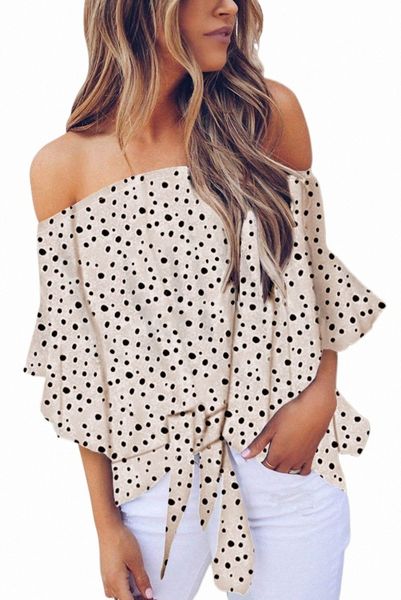 

white polka dot 3/4 bell sleeve off shoulder front tie knot g1lh#