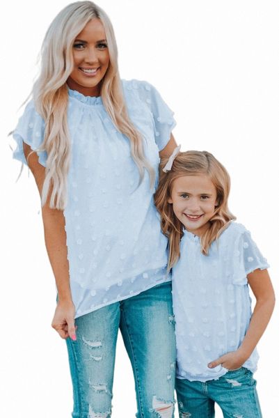 

sky blue ruffled sleeve swiss dot t-shirts 2023 new t2gb#, White